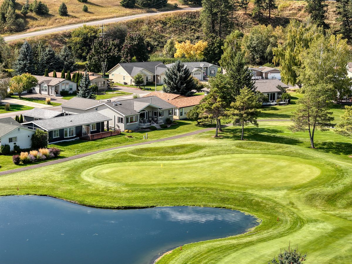 Elevated view of the home from the course side, with the green and pond just beyond the backyard