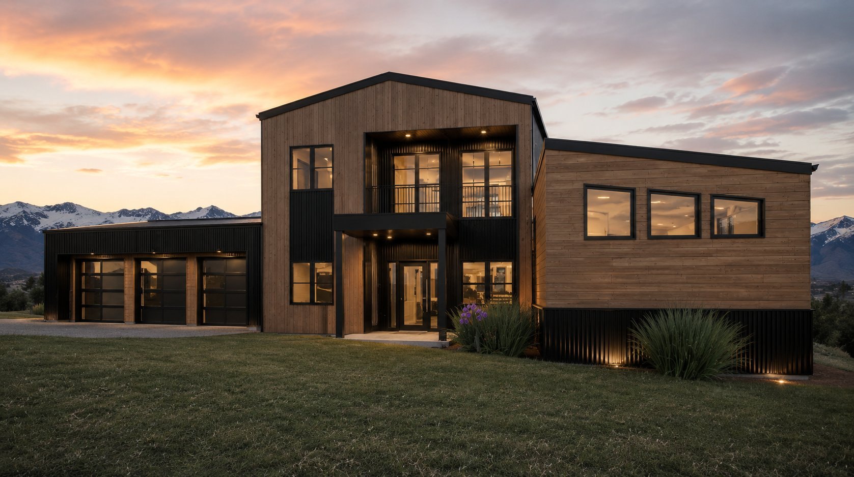 Architectural rendering of the front exterior of the Mountain Modern home to be built, with three-car garage and mountain backdrop at sunset