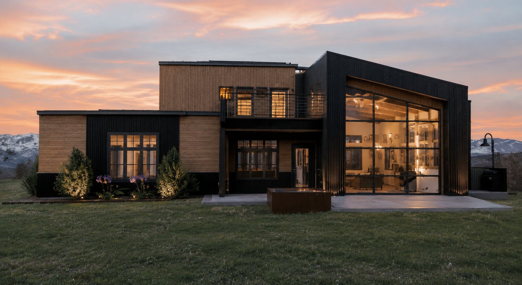 Architectural rendering of the Mountain Modern home to be built at 164 River Ranch Rd, Whitefish, with a wall of glass opening to the mountain view at sunset