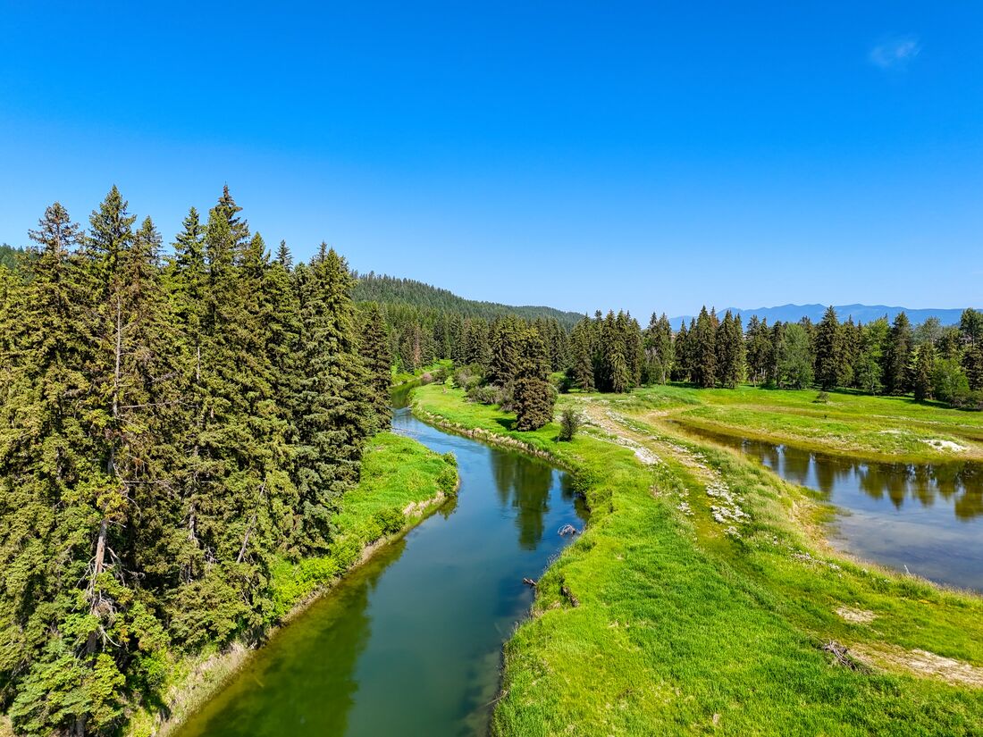The Stillwater River corridor lined with evergreens