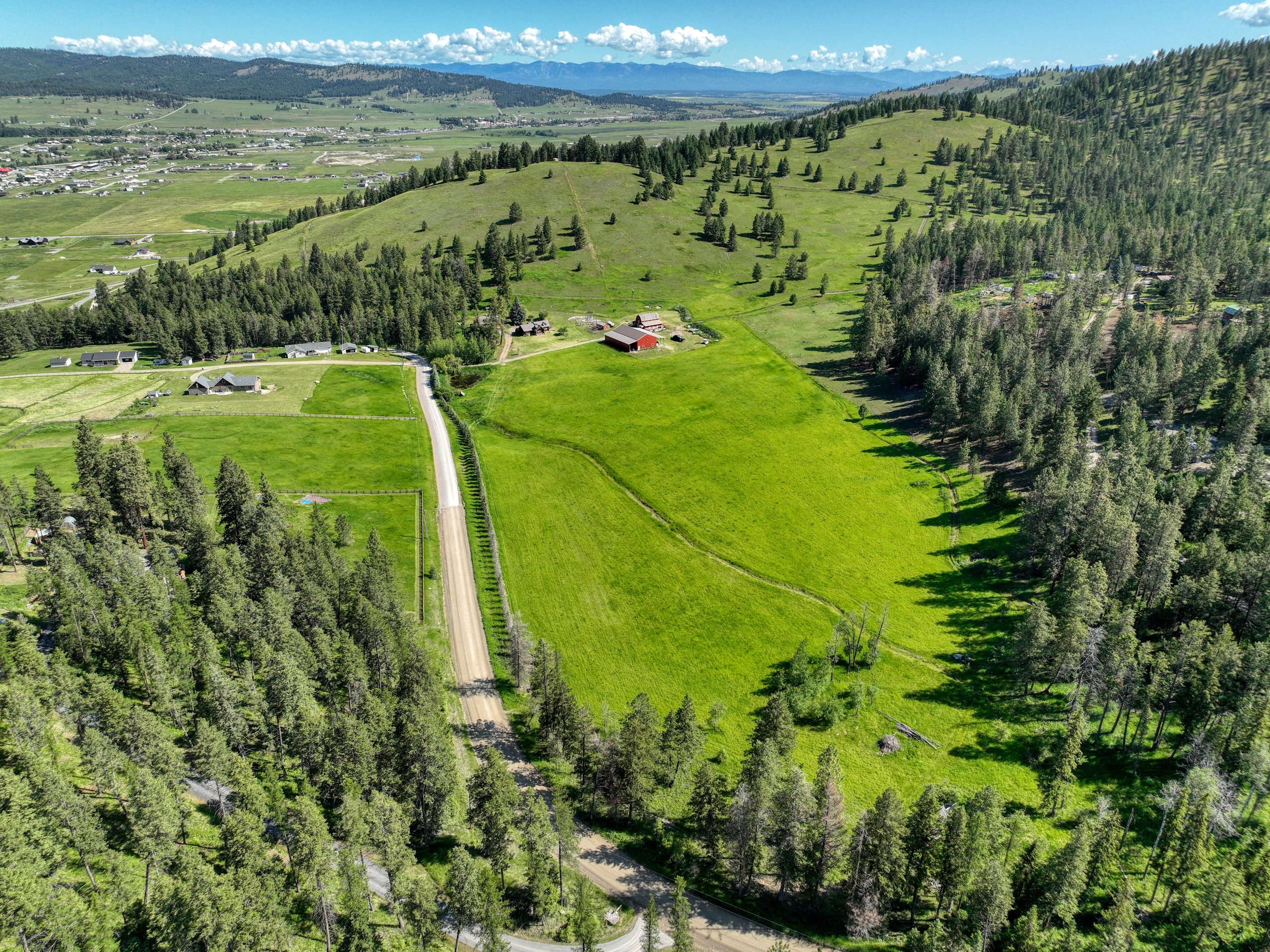 Aerial overview of the green 92-acre property and surrounding forest