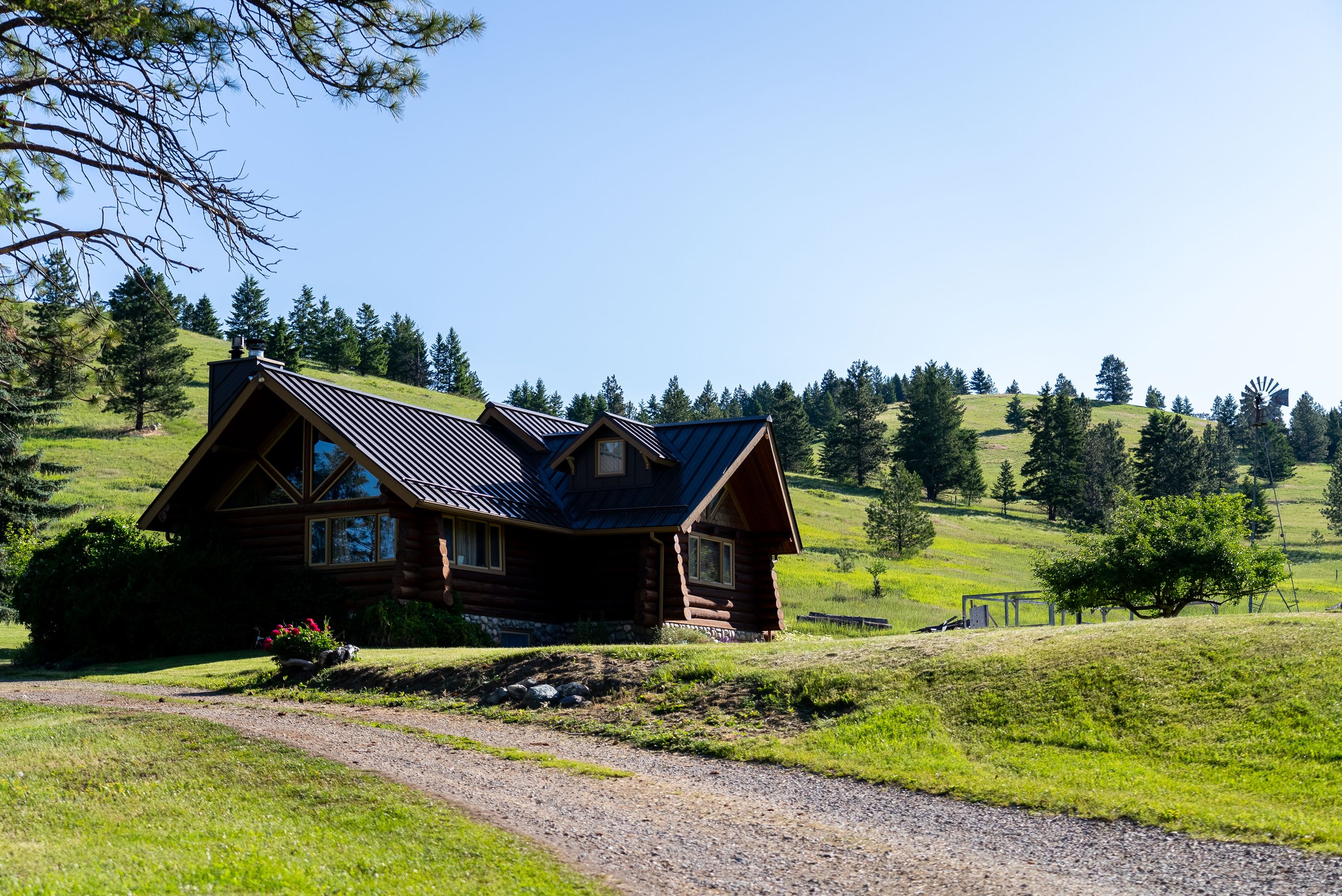 Gravel drive approaching the log home with timbered hillside behind
