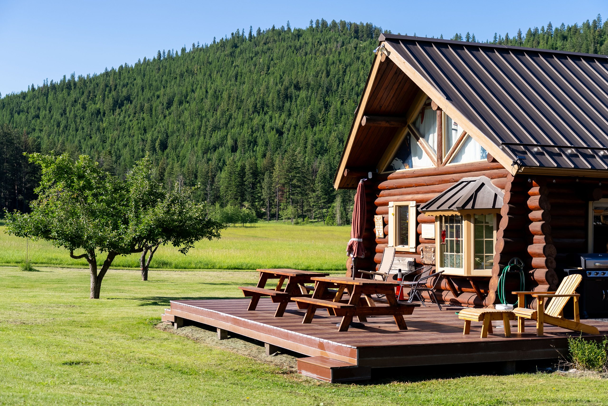 Log home deck with picnic table and Adirondack seating among mature trees