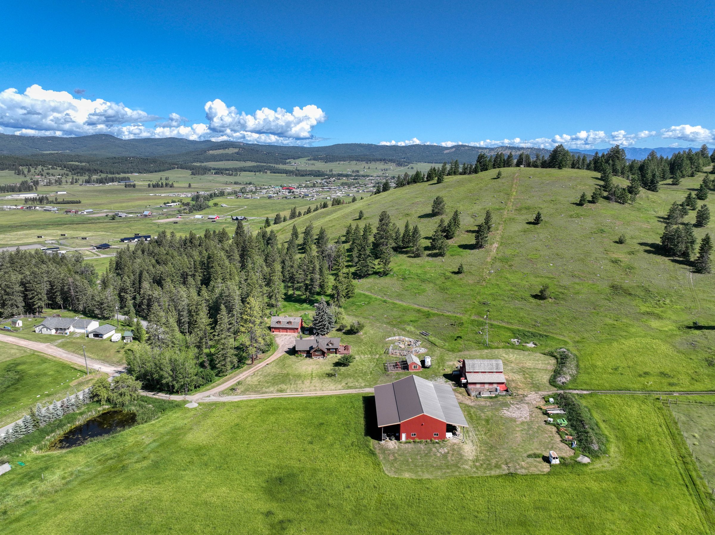 Aerial view of 1675 Haywire Gulch, a 92-acre property near Kalispell, Montana